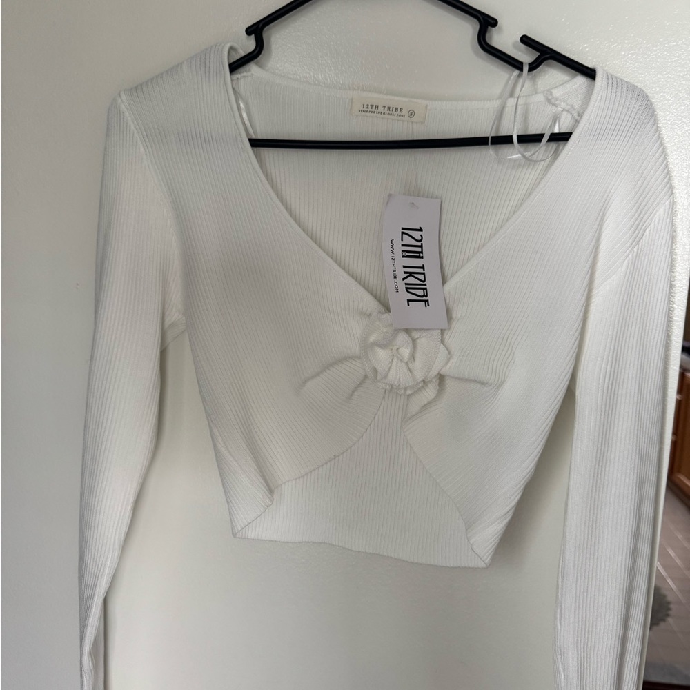 12th Tribe Cream Long Sleeve Tie Front Crop Blouse